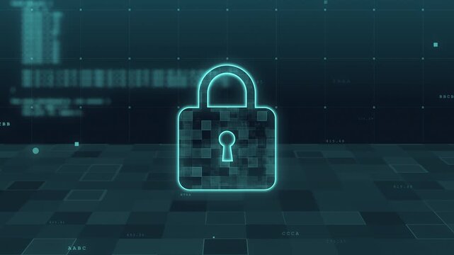 Neon padlock glowing digital grid conveying cybersecurity lock