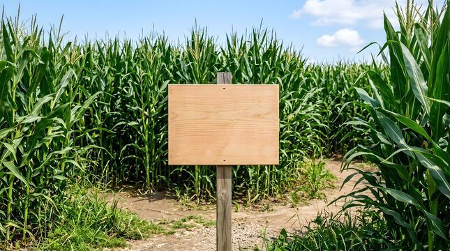Signpost at the edge of a corn field facing a clear blue sky during a sunny day