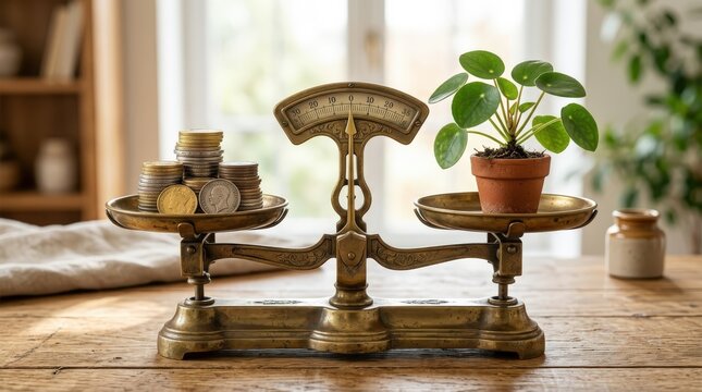 Vintage balance scale with coins and potted plant symbolizing sustainable investing