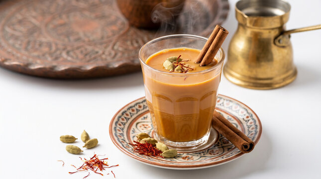 Spiced tea in glass with cinnamon and cardamom on patterned plate