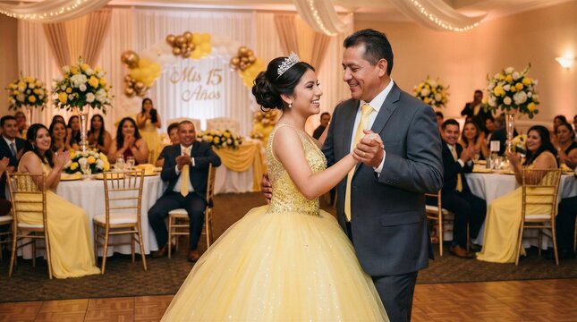 Joyful Father and Daughter Dancing in Elegant Yellow Dress at a Vibrant Quincea&ntilde;era Celebration