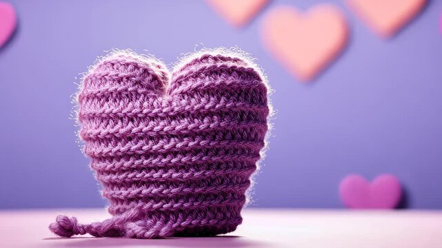 Handmade Purple Heart: A cozy, hand-knitted purple heart with a charming tail sits center stage, set against a soft purple background adorned with subtle heart accents.