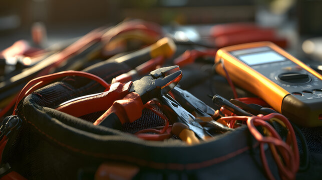 Close-up, an electrician's tool belt with pliers, wire strippers, and a voltage tester clearly visible
