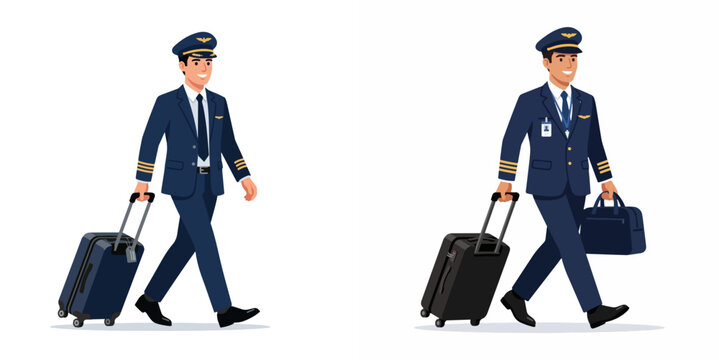 Two male airline pilots in uniform walking with suitcases isolated on white