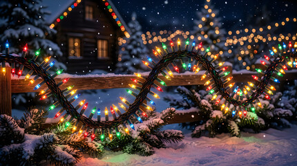 Fototapeta premium Cozy wooden cabin with warm holiday lights glowing in snowy forest at dusk