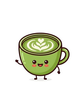 Cute cartoon green tea matcha cup with latte art illustration tea time beverage illustration