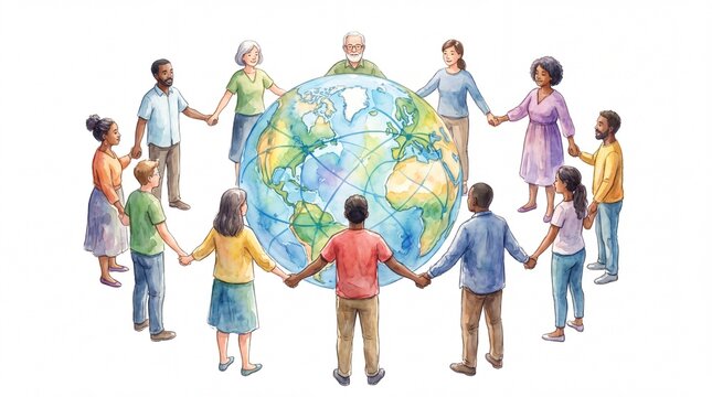 Diverse group holding hands around watercolor globe with interconnected lines on white background