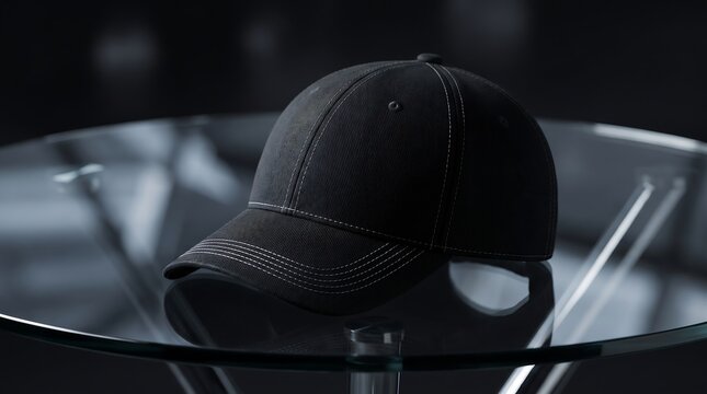 Minimalist Black Baseball Cap Sitting on a Transparent Glass Table