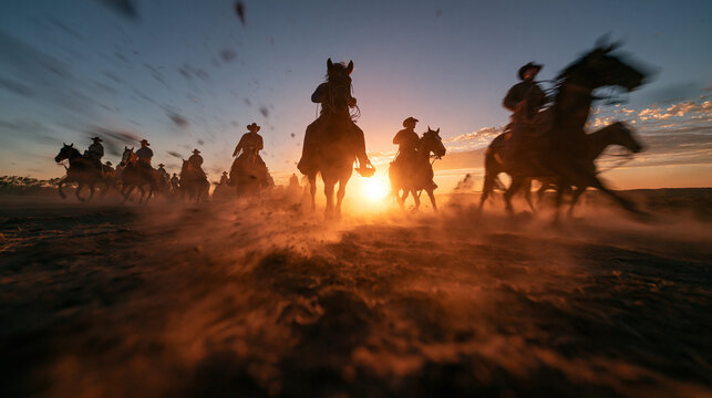 Cowboys Riding Horses at Golden Sunset Raising Dust