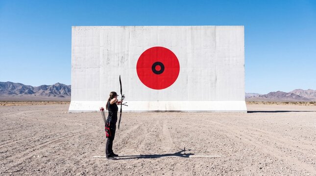 Female Archer Aiming Bow at Giant Target in Desert
