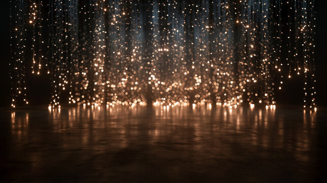 Empty Stage with Golden Shimmering Fairy Lights Background