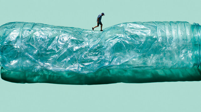 Tiny Person Walking on Giant Crushed Plastic Bottle