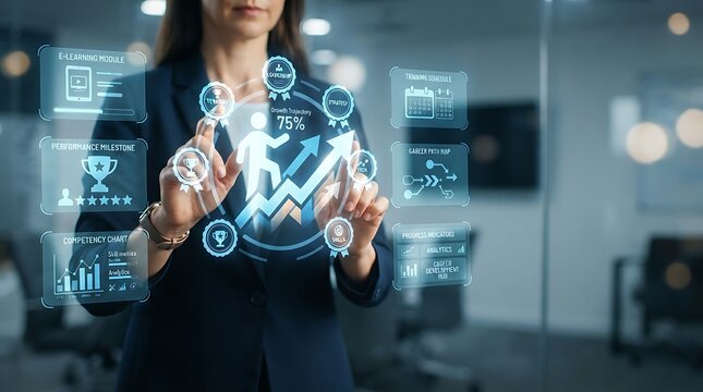 Corporate trainer interacting with holographic employee development learning path interface for enterprise talent training and digital skill certification management solutions.