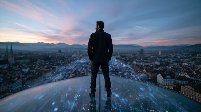 Businessman Standing on Glass Rooftop Overlooking Cityscape at Sunset