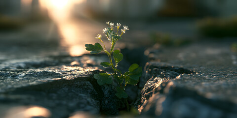 Fototapeta premium Vibrant Growth in a Thriving Plant Set in a Sunlit, Cracked Concrete Pocket