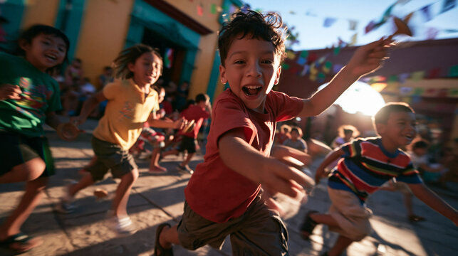 Happy Children Running and Playing in Sunny Town Square