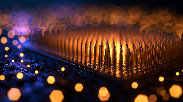 Close-Up of Modern CPU Microprocessor with Glowing Bokeh
