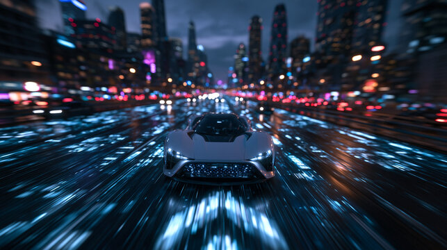 Futuristic Concept Car Speeding on Smart City Highway