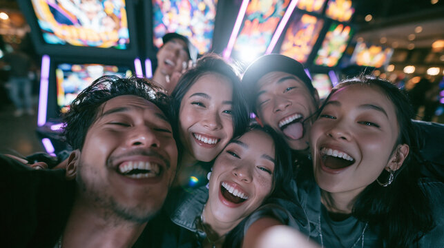 Excited Young Asian Friends Taking Selfie in Casino
