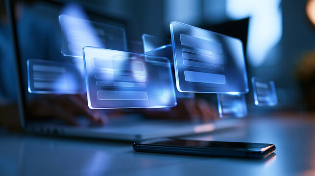 Digital User Interface and Data Screens Floating Above Laptop