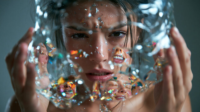 Distressed Woman Looking Through Broken Glass Reflecting Smiles