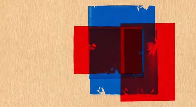 Abstract silk screen print featuring misaligned overlapping ink blocks in royal blue and rich red over a warm beige background texture, geometric, distressed, overlapping