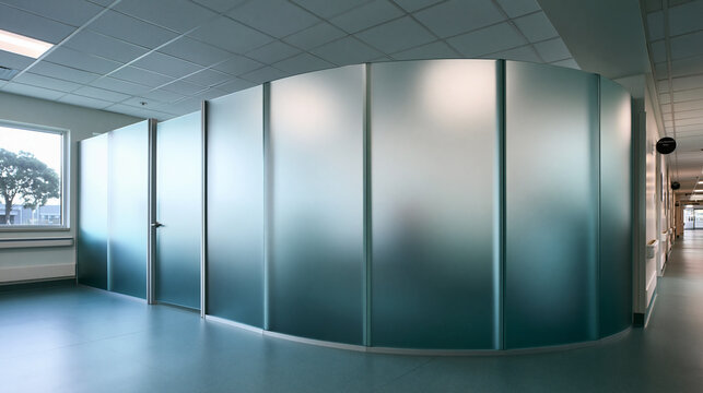 Modern Curved Frosted Glass Partition in Clinic Corridor