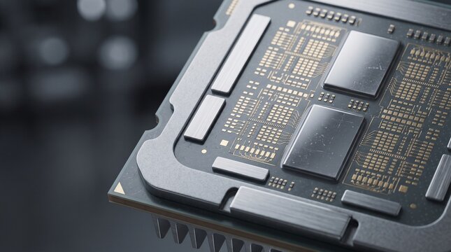 Macro view of a modern computer processor chip showing intricate circuitry and microchips