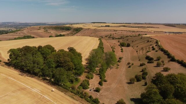 Flight over dangerously dry harvested fields in Wiltshire.  High summer