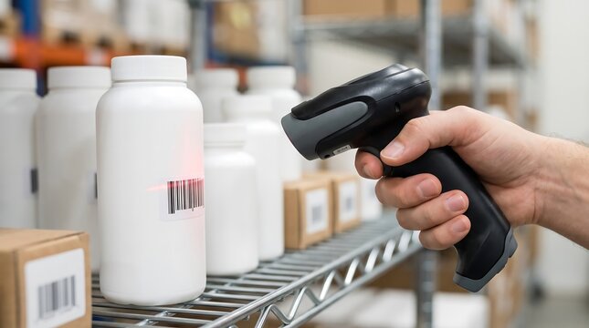 Barcode Scanner Scanning White Bottle for Warehouse Inventory Check