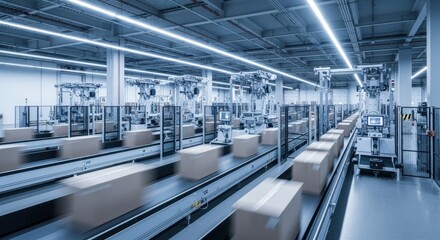 Obraz premium Contemporary supply chain warehouse with automated sorting robots working alongside moving cargo boxes.