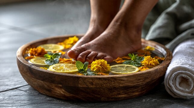 Feet soaking in wooden bowl with warm water flowers spa treatment