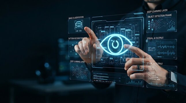 Technology professional interacting with holographic computer vision AI recognition interface for enterprise image classification and digital visual intelligence management solutions.