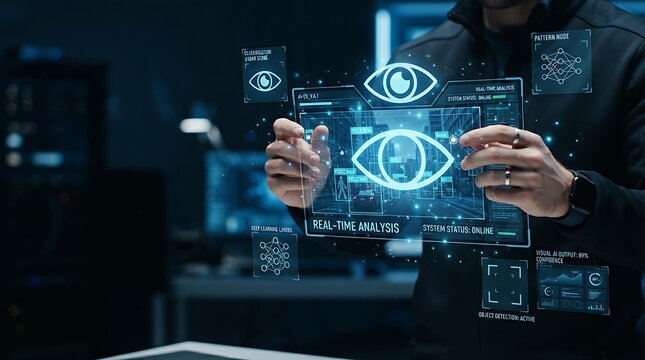 Technology professional interacting with holographic computer vision AI recognition interface for enterprise image classification and digital visual intelligence management solutions.