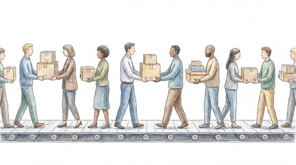 Obraz premium Diverse team passing packages along a conveyor belt for supply chain logistics