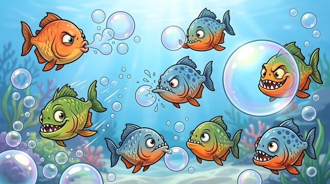 Fun piranha cartoon fish swimming with bubbles in the blue ocean