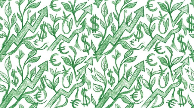 Hand-drawn green economy pattern with growth arrows and currency symbols