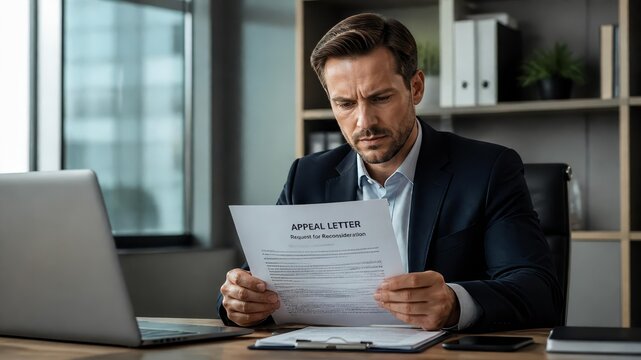 Serious Businessman Reading Appeal Letter and Request for Reconsideration at Office Desk