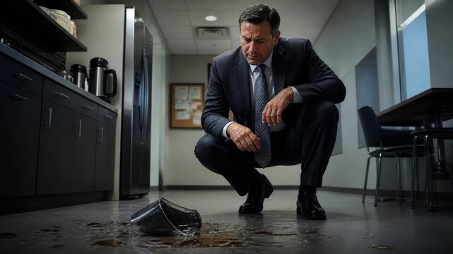 Stressed Businessman Looking at Spilled Coffee on Office Kitchen Floor - Failure and Frustration Concept