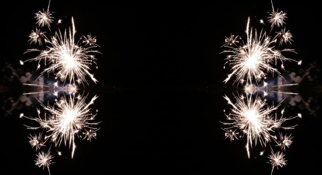 Symmetrical composition of bright white firework sparklers bursting against a black background with mirror reflection creating four quadrants of starburst light trails and sparks.