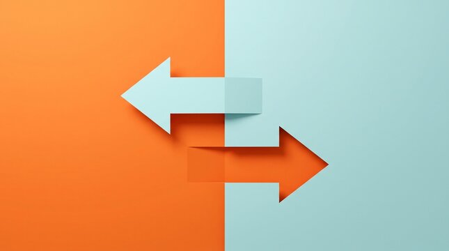 Two opposing arrows cut out from paper on orange and light blue background, concept of contradiction, choice, or exchange