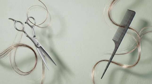 Professional Hairdressing Tools with Scissors and Comb on Green Background