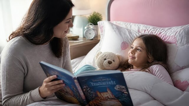 Loving Mother Reading Bedtime Story to Young Daughter in Cozy Bedroom Routine