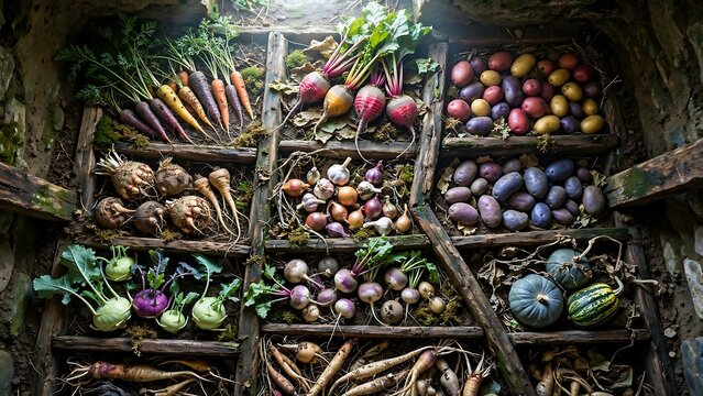 Top view of fresh vegetables stored in rustic cellar with potatoes carrots and beets, organic food storage concept