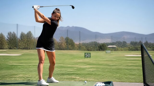 Young Athletic Woman Practicing Golf Swing on Scenic Outdoor Driving Range