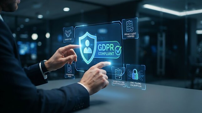 Compliance professional interacting with holographic data privacy shield interface for enterprise GDPR compliance management and digital personal data protection solutions.