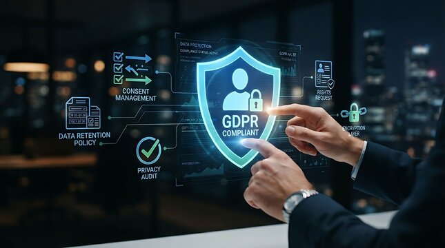 Compliance professional interacting with holographic data privacy shield interface for enterprise GDPR compliance management and digital personal data protection solutions.