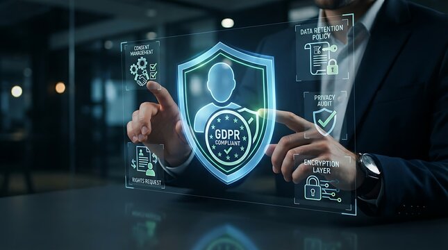 Compliance professional interacting with holographic data privacy shield interface for enterprise GDPR compliance management and digital personal data protection solutions.