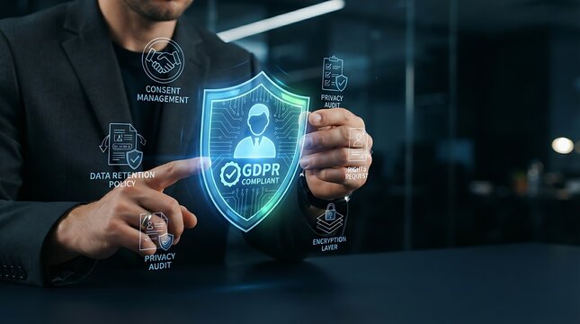 Compliance professional interacting with holographic data privacy shield interface for enterprise GDPR compliance management and digital personal data protection solutions.