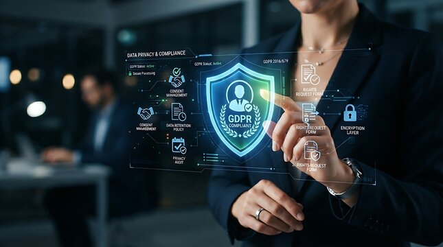 Compliance professional interacting with holographic data privacy shield interface for enterprise GDPR compliance management and digital personal data protection solutions.
